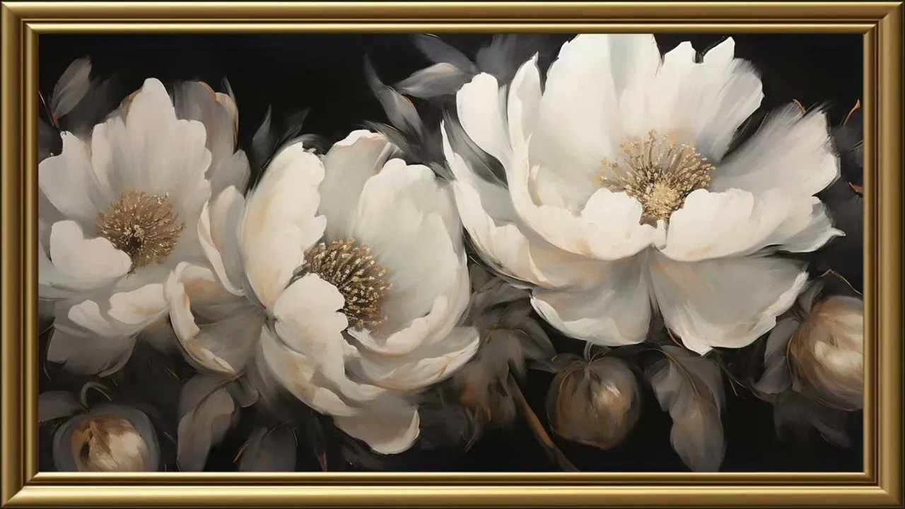 Vintage White Peonies Painting — Gold Frame TV Art